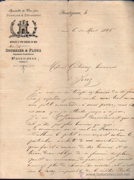 Lettere commerciali: CARTA COMERCIAL  DE SOUBIER & FLOUX. FABRIQUE DE VINS FINS FRAN&Ccedil;AIS & &Eacute;TRANGERS. PARIS 1886