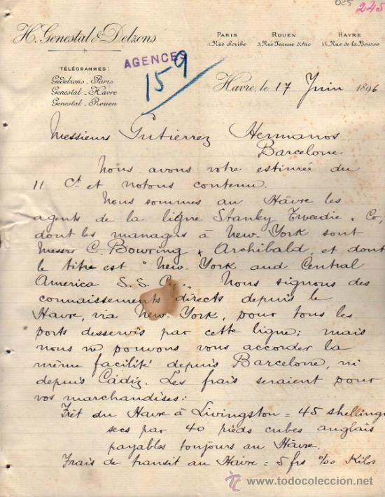Lettere commerciali: CARTA COMERCIAL DE H. GENESTAL & DELZONS. HAVRE 1896, FRANCE