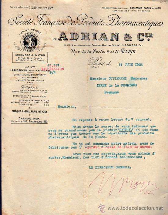Cartas comerciales: CARTA COMERCIAL ADRIAN & C&ordm;. SOCI&Eacute;T&Eacute; FRAN&Ccedil;AISE DE PRODUITS PHARMACEUTIQUES. PARIS 1926
