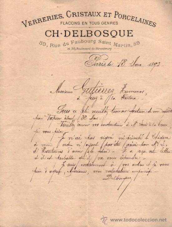 Cartas comerciales: CARTA COMERCIAL  DE CH. DELBOSQUE. VERRERIE, CRISTAUX ET PORCELAINES. PARIS 1893