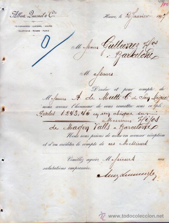 Cartas comerciales: CARTA COMERCIAL  ALBERT LUESNEL & C&ordm;. HAVRE 1897, FRANCE