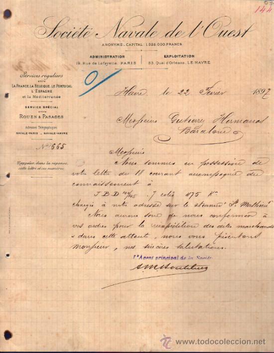 Cartas comerciales: CARTA COMERCIAL  SOCI&Eacute;T&Eacute; NAVALE DE L'OUEST. HAVRE 1897, FRANCE