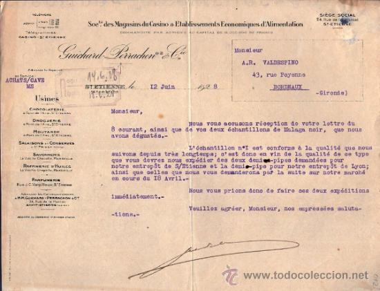Cartas comerciales: CARTA COMERCIAL GUICHARD PERRACHON & C&ordm;. SOCI&Eacute;T&Eacute; DES MAGASINS DU CASINO. ST. ETIENNE 1928, FRANCE