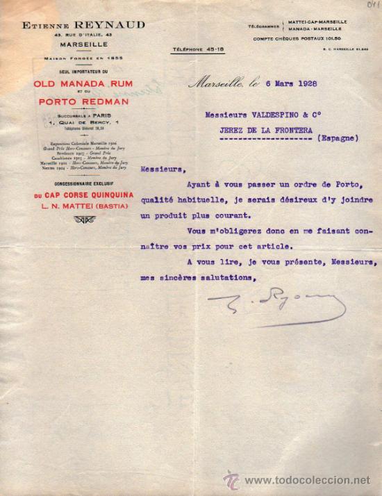 Cartas comerciales: CARTA COMERCIAL ETIENNE REYNAUD. IMPORTATEUR.  MARSEILLE 1928, FRANCE