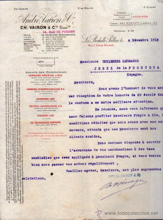 Cartas comerciales: CARTA COMERCIAL CH. VAIRON & C&ordm; . AGENTS DES COMPAGNIES. LA ROCHELLE PALLICE 1912, FRANCE