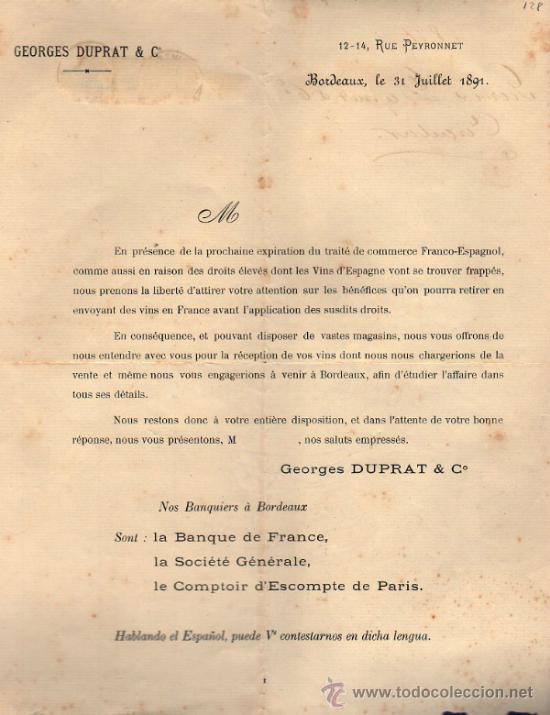 Cartas comerciales: CARTA COMERCIAL DE GEORGES DUPRAT & C&ordm;. BORDEAUX 1831