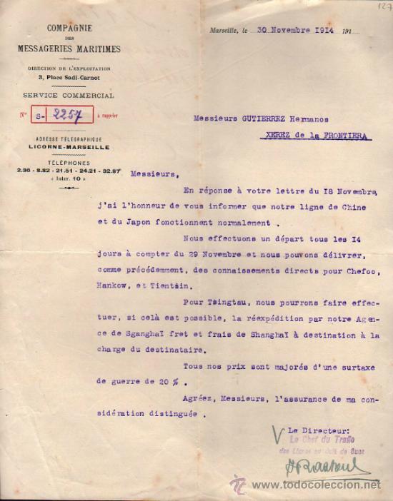 Cartas comerciales: CARTA COMERCIAL COMPAGNIE DE MESSAGERIES MARITIMES. MARSEILLE 1914, FRANCE