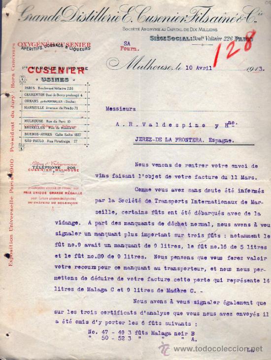 Cartas comerciales: CARTA COMERCIAL GRANDE DISTELLERIE E. CUSENIER FILS &Acirc;IN&Eacute; & C&ordm;. MULHOUSE 1913, FRANCE