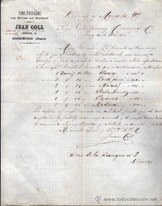 Lettere commerciali: CARTA COMERCIAL DE JEAN COLL. ST&Eacute; DE VENTE DE VINS D'ESPAGNE. BESS&Eacute;GES (GARD) 1885, FRANCE