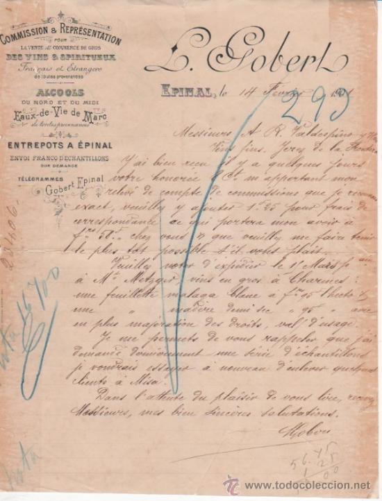 Cartas comerciais: Carta comercial L. Gobert: Venta y comercializaci&oacute;n de vinos. Epinal ( Cuba ). A&ntilde;o 1901
