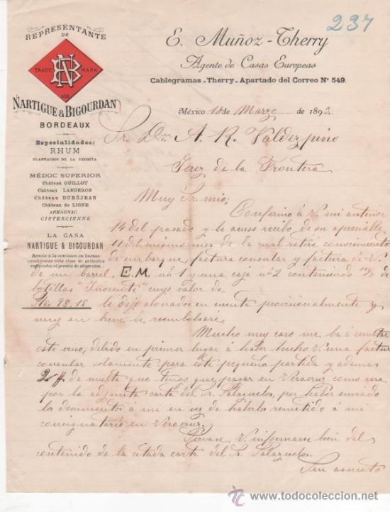 Cartas comerciais: Carta comercial E. Mu&ntilde;oz - Therry: Agente casas europeas. M&eacute;xico 1893. Rep. Nartigue & Bigourdan