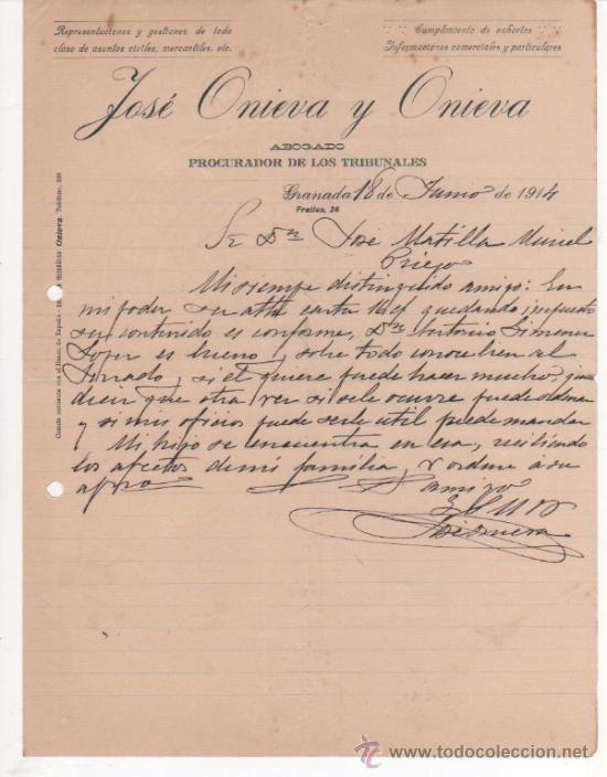 Cartas comerciais: 2 antiguas cartas comerciales de Jos&eacute; Onieva y Onieva.Abogado y procurador. Granada 1914