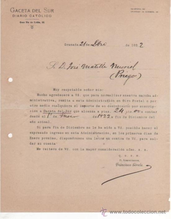 Cartas comerciais: 2 Bonitas cartas comerciales de la Gaceta del Sur. Diario cat&oacute;lico. Granada 1920 y 1922.