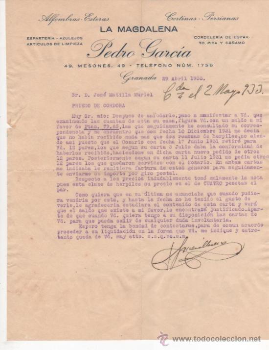 Cartas comerciais: 3 cartas comerciales F&aacute;brica de Alfombras y Esteras La Magdalena.  Granada 1933