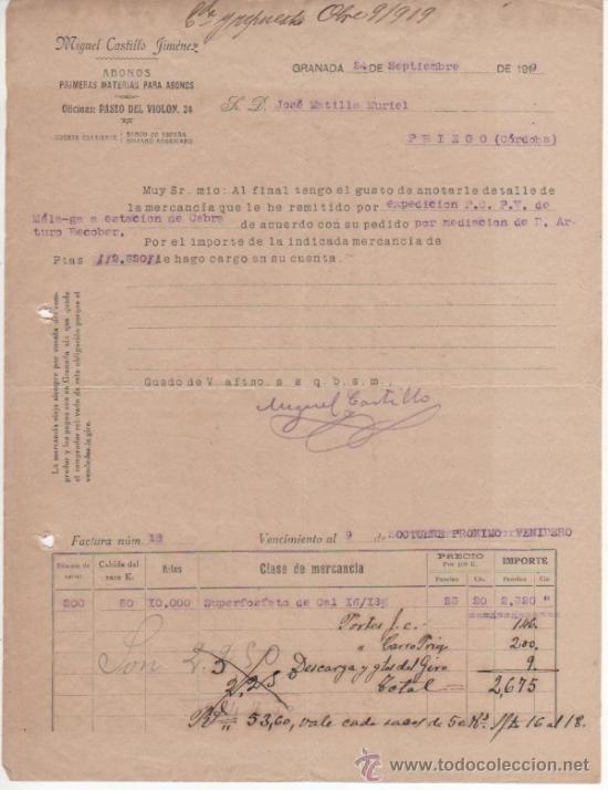Cartas comerciais: 3 cartas comerciales Miguel Castillo Jim&eacute;nez: Abonos y primeras materias. Granada 1919