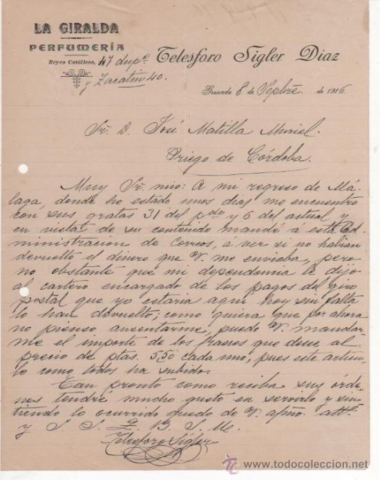 Cartas comerciais: 2 cartas comerciales La Giralda Perfumer&iacute;a: Telesforo Sigler D&iacute;az. Granada 1916