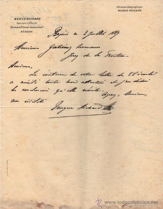 Gesch&auml;ftsbriefe: CARTA COMERCIAL  DE NUGUE - RICHARD. B&Eacute;ZIERS 1887, FRANCE