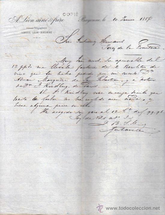Gesch&auml;ftsbriefe: CARTA COMERCIAL  A. L&Eacute;ON A&Icirc;N&Eacute; & FR&Egrave;RE. BAYONNE 1887, FRANCE