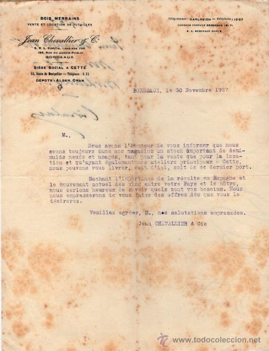 Gesch&auml;ftsbriefe: CARTA COMERCIAL  DE JEAN CHEVALLIER & C&ordm;. VENTE ET LOCATION DE FUTAILLES. BORDEAUX 1927, FRANCE