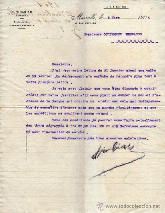 Gesch&auml;ftsbriefe: CARTA COMERCIAL DE P. VIRABIAN . MARSEILLE 1904,  FRANCE