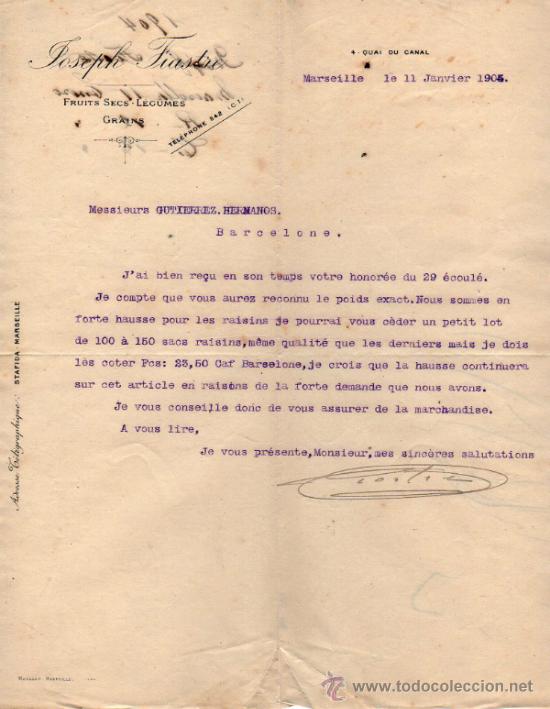 Gesch&auml;ftsbriefe: CARTA COMERCIAL DE JOSEPH FIASTRE. &Eacute;PICERIE. MARSEILLE 1904,  FRANCE