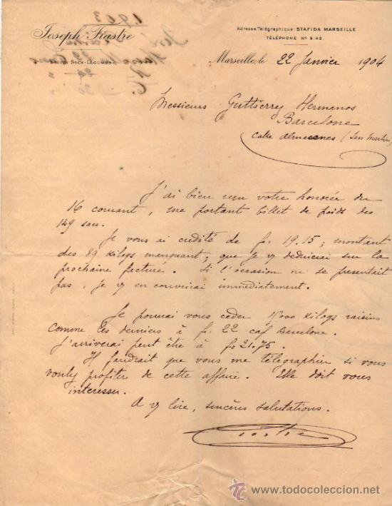 Gesch&auml;ftsbriefe: CARTA COMERCIAL DE JOSEPH FIASTRE. &Eacute;PICERIE. MARSEILLE 1904,  FRANCE