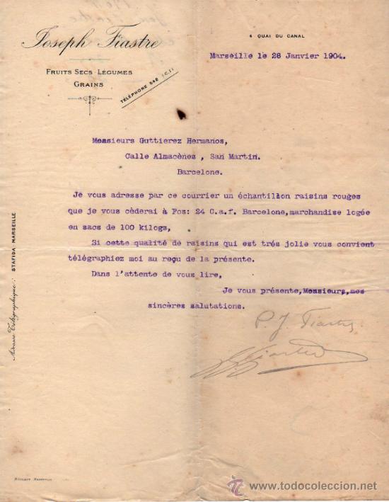 Gesch&auml;ftsbriefe: CARTA COMERCIAL DE JOSEPH FIASTRE. &Eacute;PICERIE. MARSEILLE 1904,  FRANCE