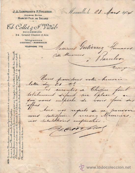 Gesch&auml;ftsbriefe: CARTA COMERCIAL DE CH. COLLET & J. VIDAL.  MARSEILLE 1904,  FRANCE