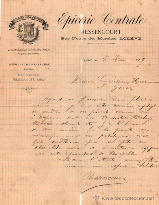 Gesch&auml;ftsbriefe: CARTA COMERCIAL DE RESSENCOURT. EPICERIE. LOD&Egrave;VE 1887,  FRANCE