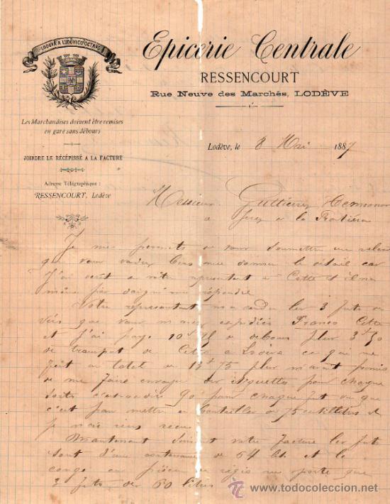 Gesch&auml;ftsbriefe: CARTA COMERCIAL DE RESSENCOURT. EPICERIE. LOD&Egrave;VE 1887,  FRANCE