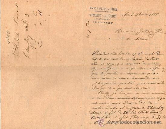 Gesch&auml;ftsbriefe: CARTA COMERCIAL DE CHABORD LAURENT PROPRI&Eacute;TAIRE DE GRAND CAF&Eacute; DE LA PERLE. CHAMB&Eacute;RY 1888, FRANCE