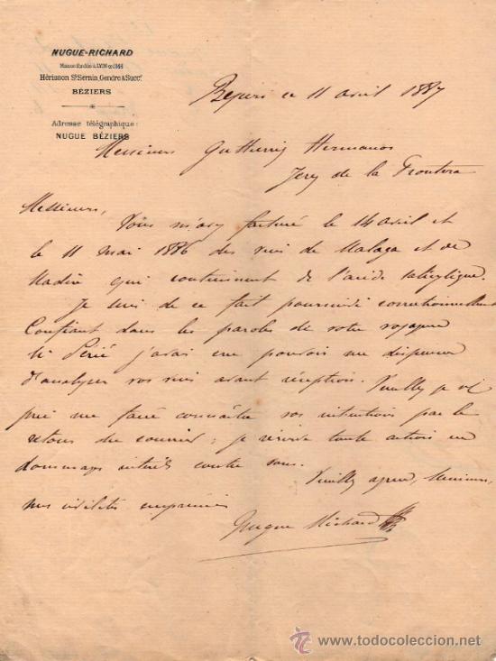 Gesch&auml;ftsbriefe: CARTA COMERCIAL DE NUGUE - RICHARD. B&Eacute;ZIERS 1887, FRANCE