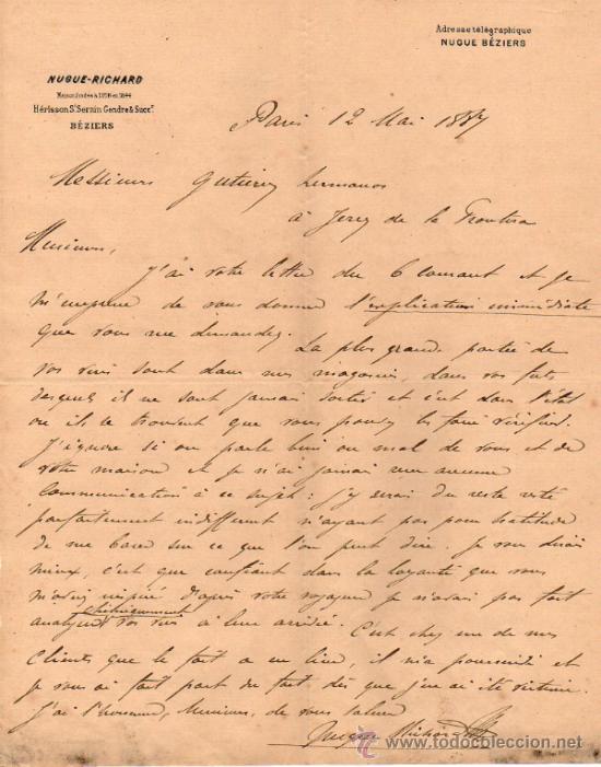 Gesch&auml;ftsbriefe: CARTA COMERCIAL DE NUGUE - RICHARD. PARIS 1887