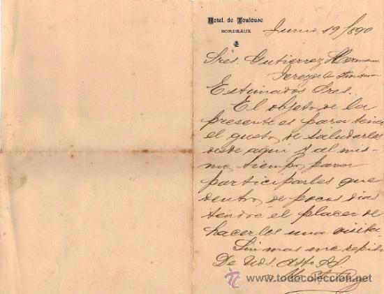 Lettere commerciali: CARTA COMERCIAL DE M. T. LUGO. HOTEL DE TOULOUSE. BORDEAUX 1890