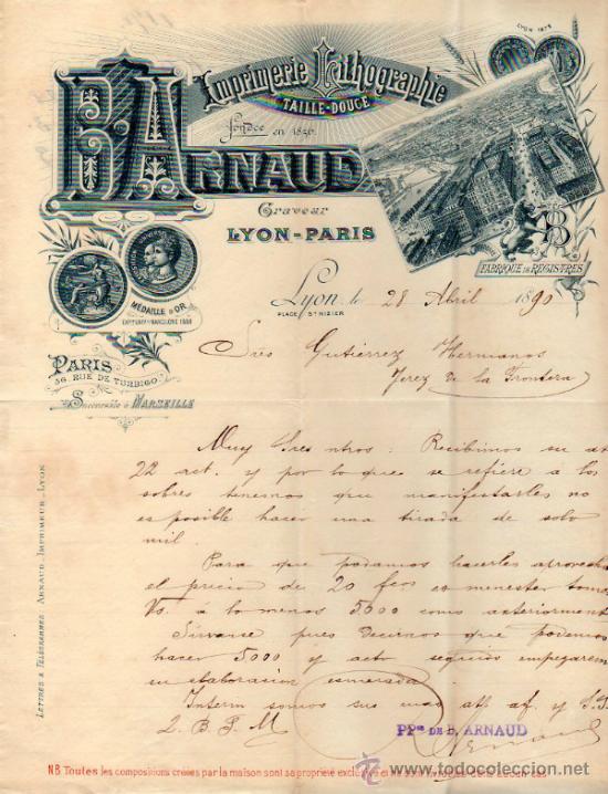 Lettere commerciali: CARTA COMERCIAL DE B. ARNAUD. IMPRIMERIE LITHOGRAPHIE. LYON 1890, FRANCE