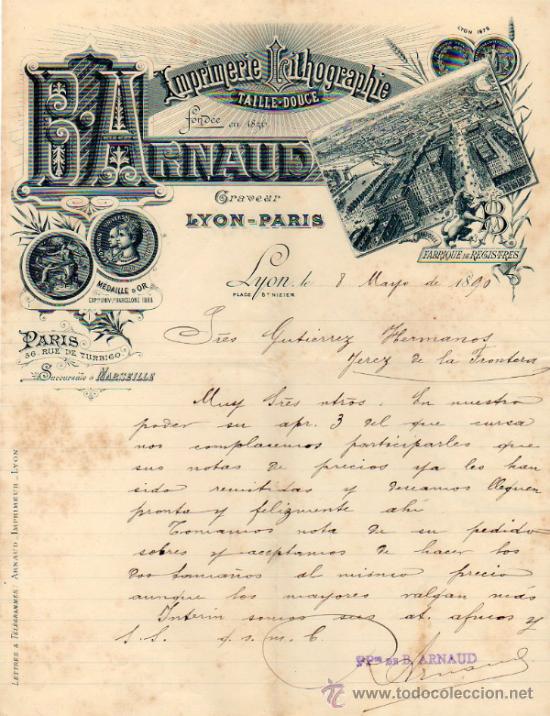 Lettere commerciali: CARTA COMERCIAL DE B. ARNAUD. IMPRIMERIE LITHOGRAPHIE. LYON 1890, FRANCE