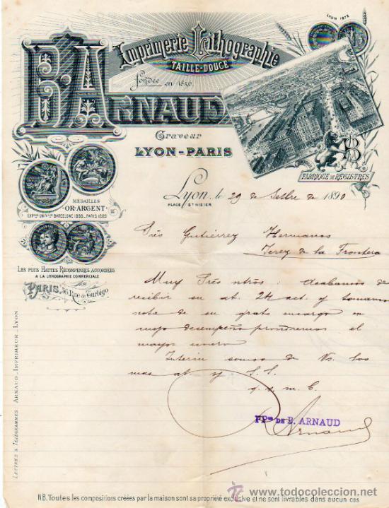 Lettere commerciali: CARTA COMERCIAL DE B. ARNAUD. IMPRIMERIE LITHOGRAPHIE. LYON 1890, FRANCE