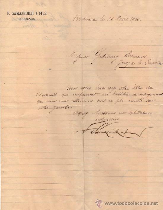 Lettere commerciali: CARTA COMERCIAL DE F. SAMAZEUILH & FILS. BORDEAUX 1910