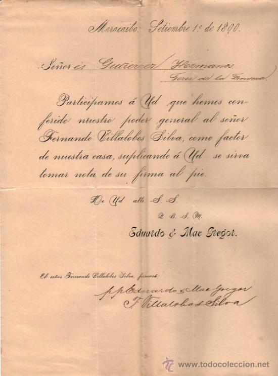 Lettres commerciales: CARTA COMERCIAL DE EDUARDO & MAC GREGOR. MARACAIBO 1890, VENEZUELA