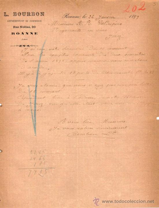 Cartas comerciais: CARTA COMERCIAL DE L. BOURBON. REPR&Eacute;SENTANT DE COMMERCE. ROANNE 1899, FRANCE