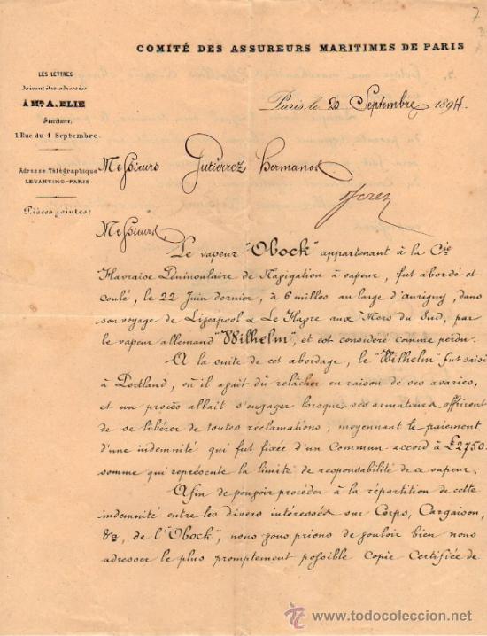 Cartas comerciais: CARTA COMERCIAL DE Mr A. ELIE. COMIT&Eacute; DES ASSUREURS MARITIMES. PARIS 1894