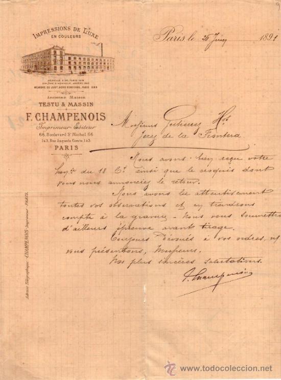 Cartas comerciais: CARTA COMERCIAL DE F. CHAMPENOIS. IMPRIMEUR - EDITEUR. PARIS 1891