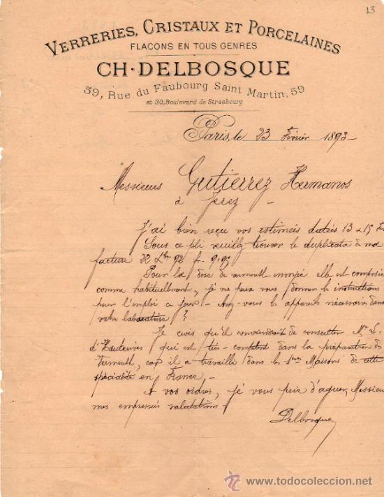 Cartas comerciais: CARTA COMERCIAL DE CH. DELBOSQUE. VERRERIE, CRISTAUX ET PORCELAINES. PARIS 1893