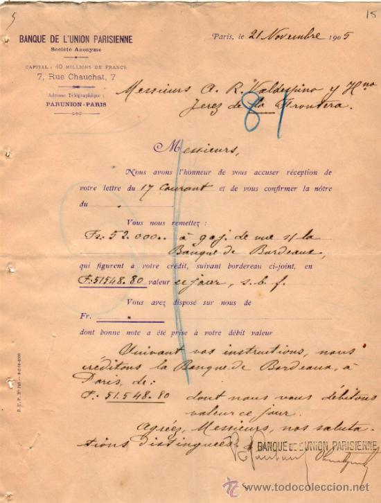 Cartas comerciais: CARTA COMERCIAL DE  BANQUE DE L'UNION PARISIENNE. S. A  PARIS 1905