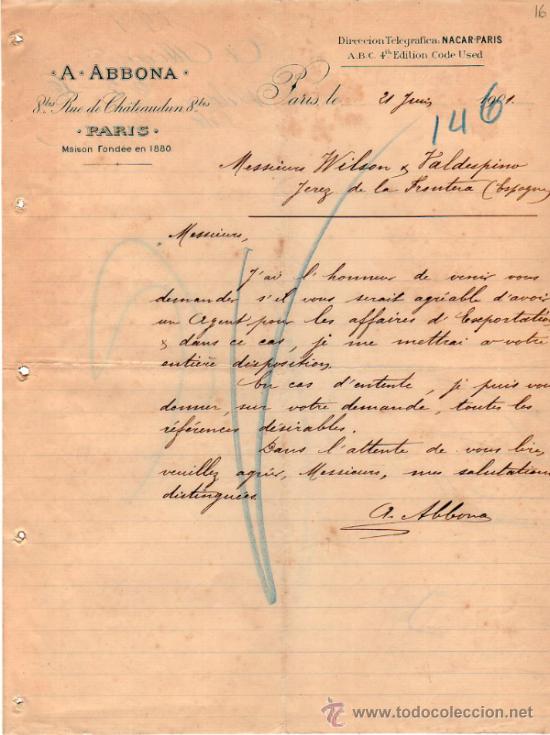 Cartas comerciais: CARTA COMERCIAL DE  A. ABBONA.  PARIS 1901