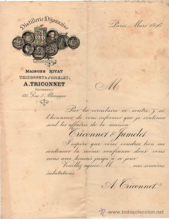 Cartas comerciais: CARTA COMERCIAL DE A. TRICONNET. DISTILLERIE. PARIS 1896