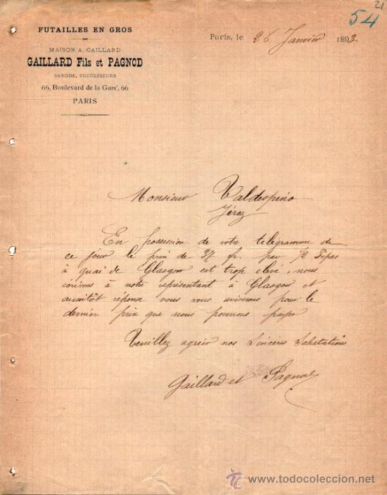 Cartas comerciais: CARTA COMERCIAL DE GAILLARD FILS ET PAGNOD. FUTAILLES EN GROS. PARIS 1893