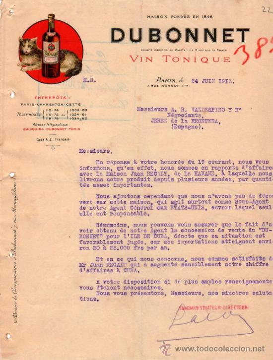 Cartas comerciais: CARTA COMERCIAL DE DUBONNET S. A. FABRIQUE DE VIN TONIQUE. PARIS 1913