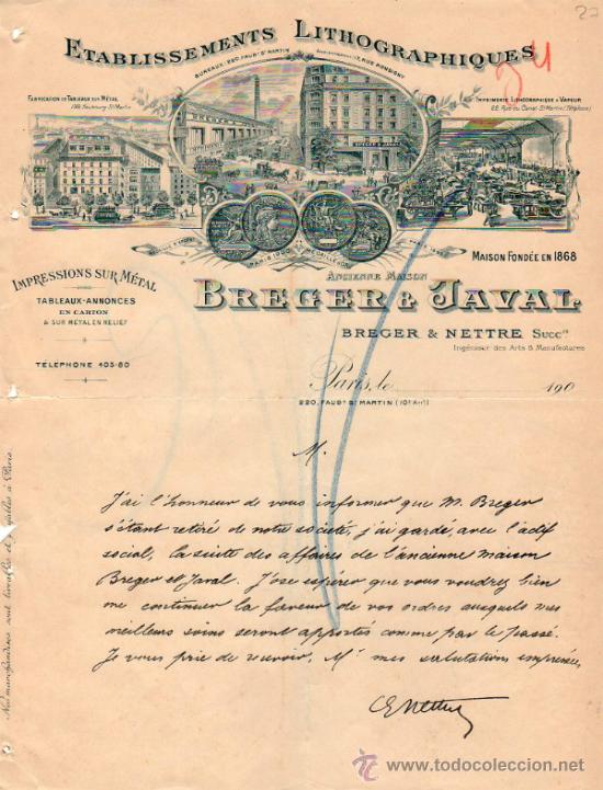 Cartas comerciais: CARTA COMERCIAL DE BREGER & JAVAL. ETABLISSEMENTS LITHOGRAPHIQUES. PARIS 1904