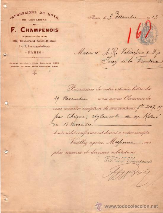 Cartas comerciais: CARTA COMERCIAL DE F. CHAMPENOIS. IMPRIMEUR - &Eacute;DITEUR.  PARIS 1913